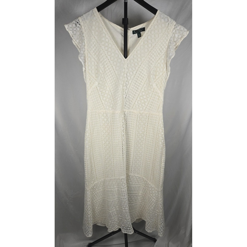 Lauren Ralph Lauren Ivory Lace Sheath Dress Size 14 Flounce Hem Wedding Guest